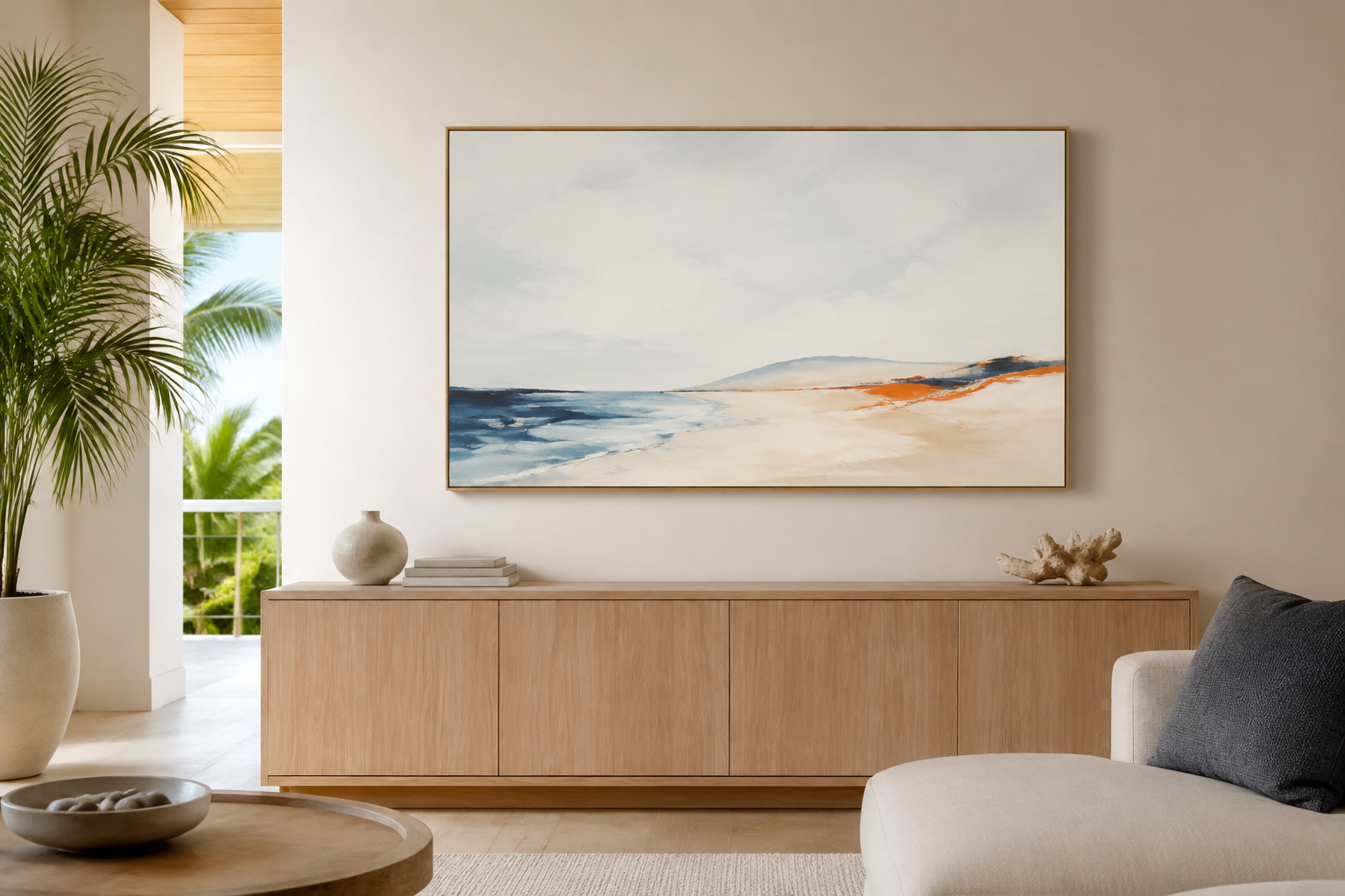 A Samsung Frame television displayed as artwork in a finished living room