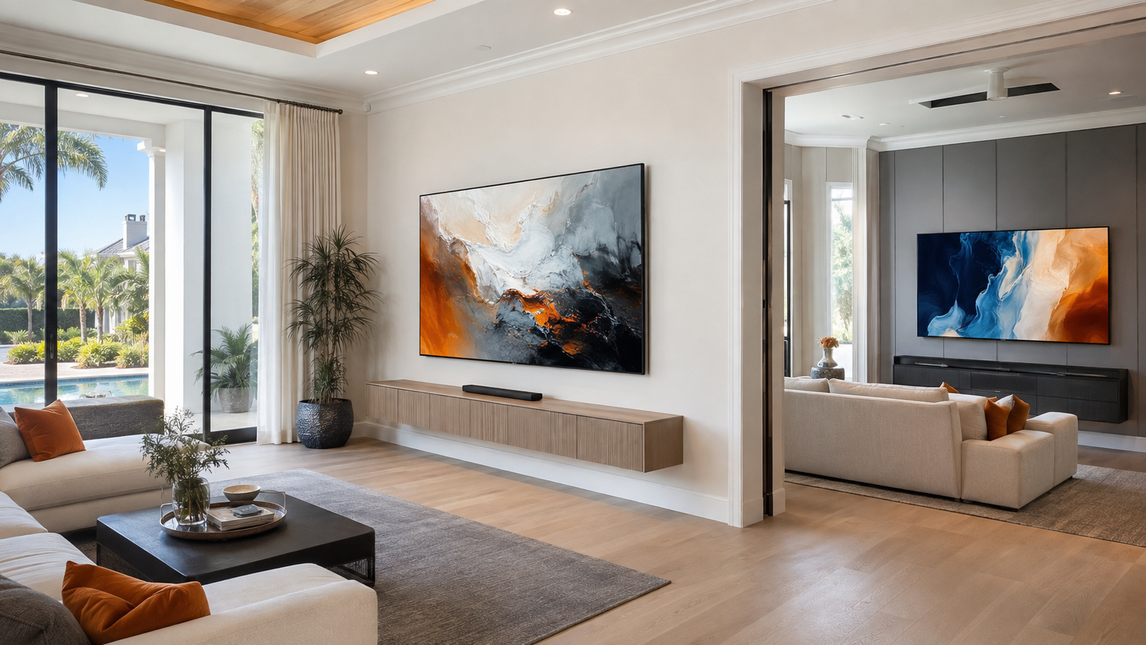 Two televisions professionally installed in separate rooms of one home