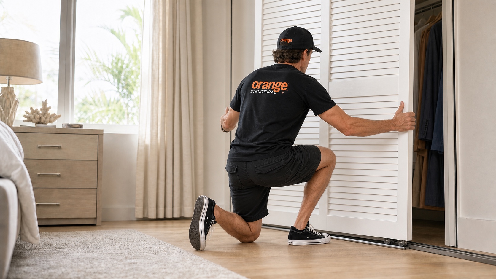 Danny fitting an interior sliding closet door onto its roller track