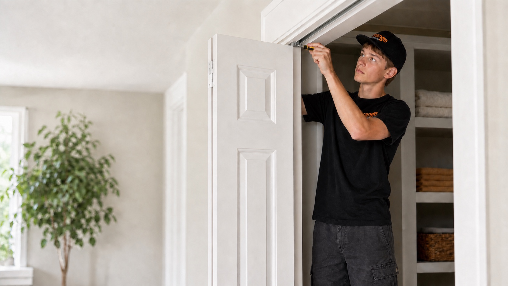 Gavin adjusting the upper corner hardware of a bifold closet door
