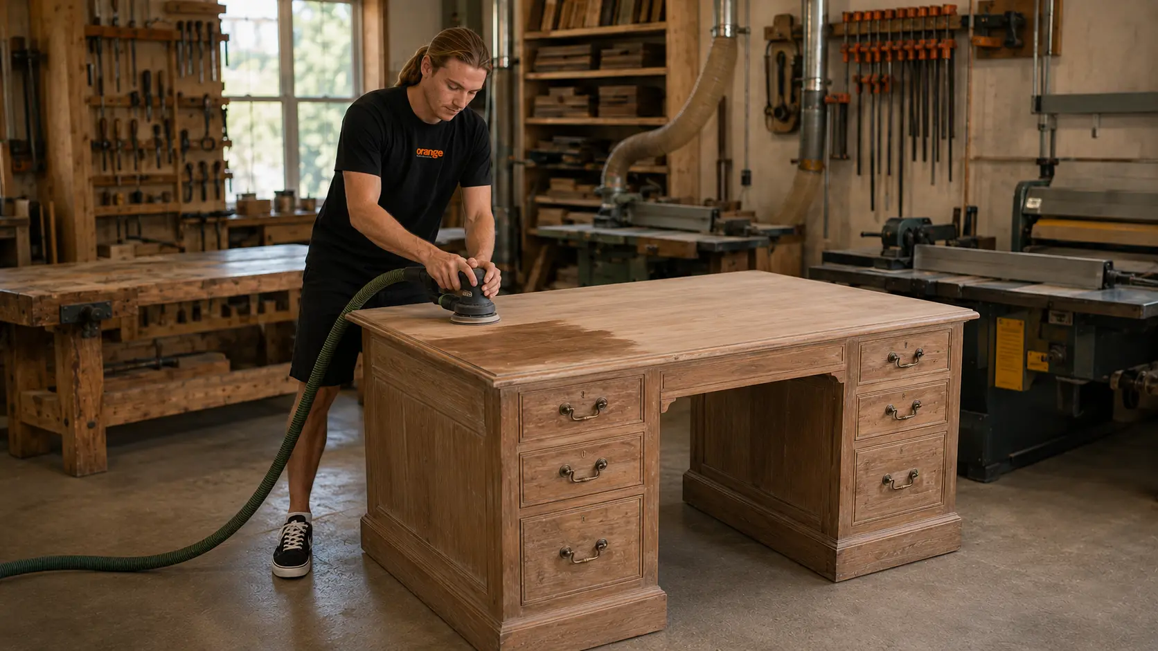 Devin using an orbital sander to refinish an executive desk in the Orange Structural woodworking shop