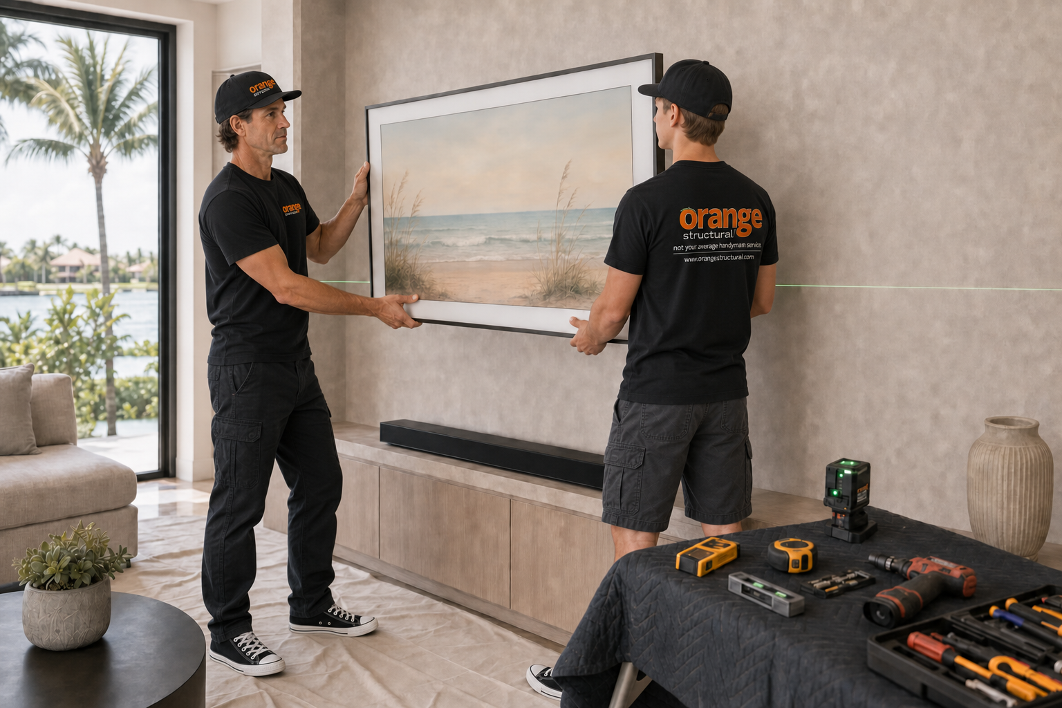 Orange Structural installers positioning a Samsung Frame television