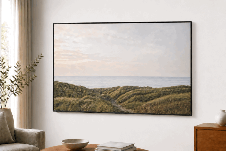 Animation showing a recessed media box revealed and then concealed behind a wall-mounted Frame television