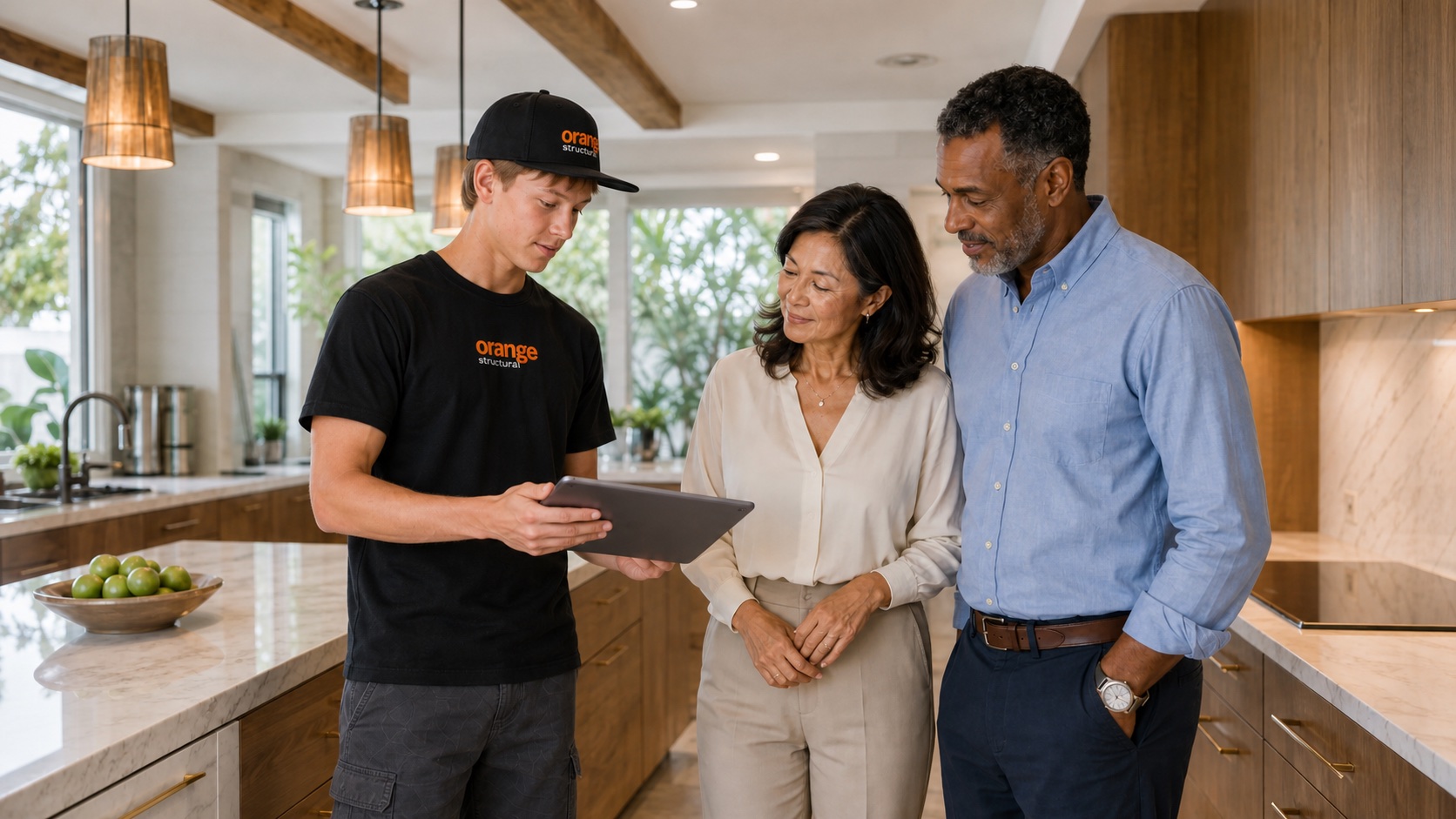 Orange Structural completing a final kitchen walkthrough with the homeowners