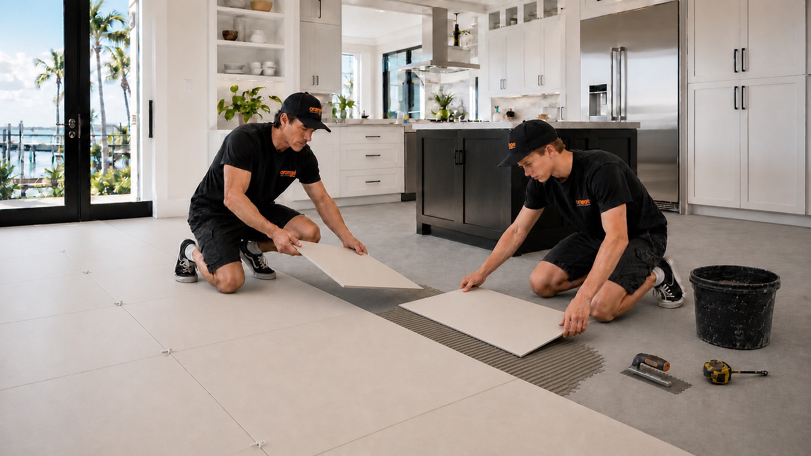 Danny and Devin installing porcelain floor tile in a bright Space Coast kitchen