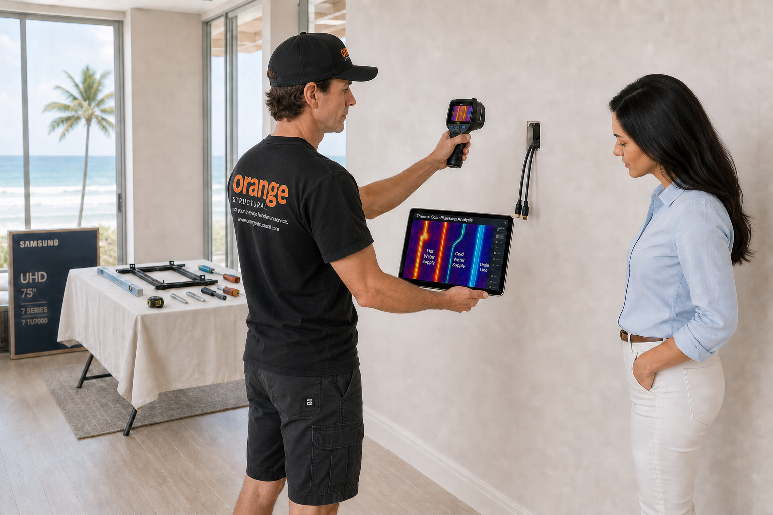 Danny using thermal imaging and an iPad to assess a television mounting wall