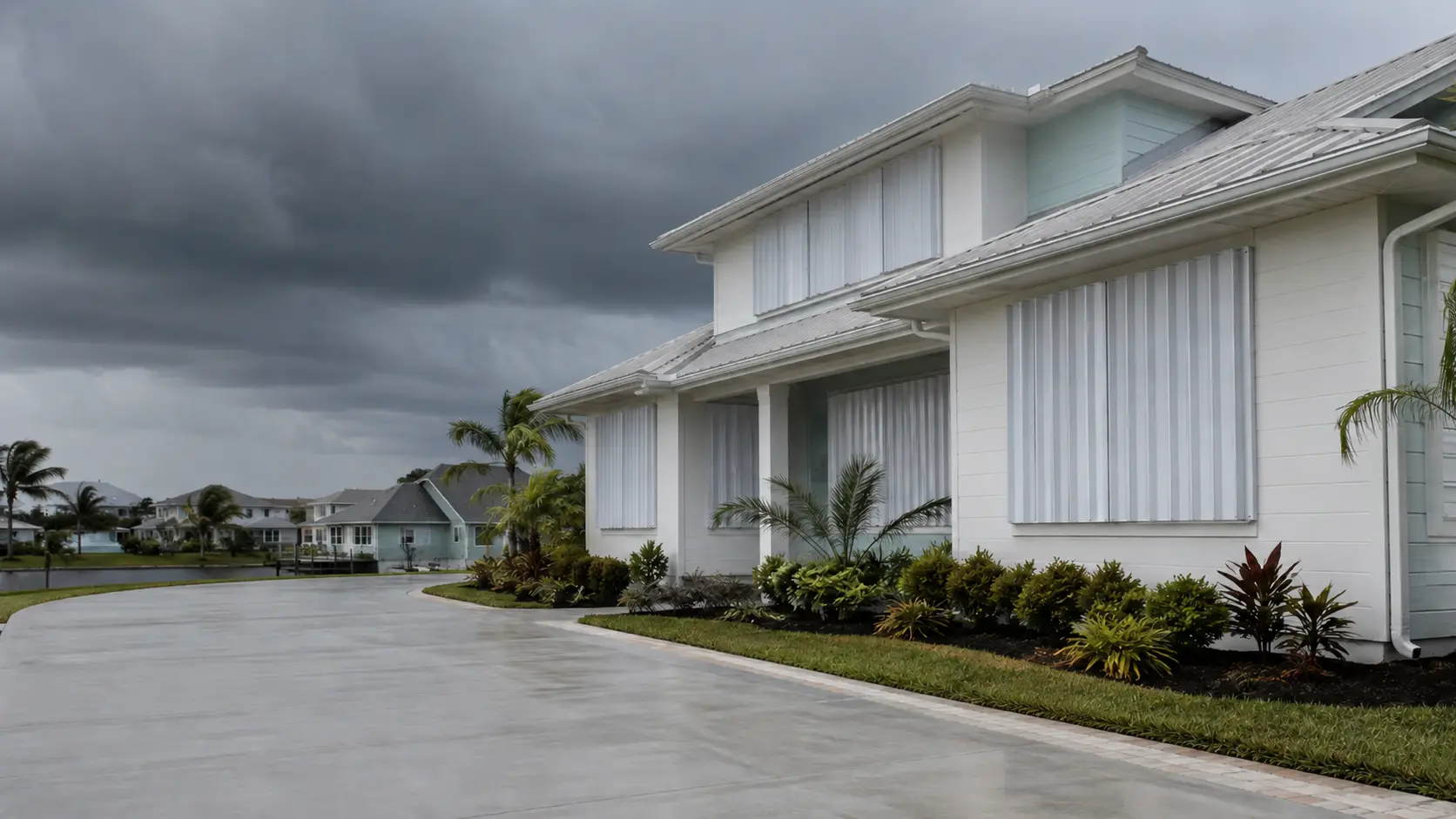Prepared coastal Florida home with closed accordion shutters and cleared exterior before a storm