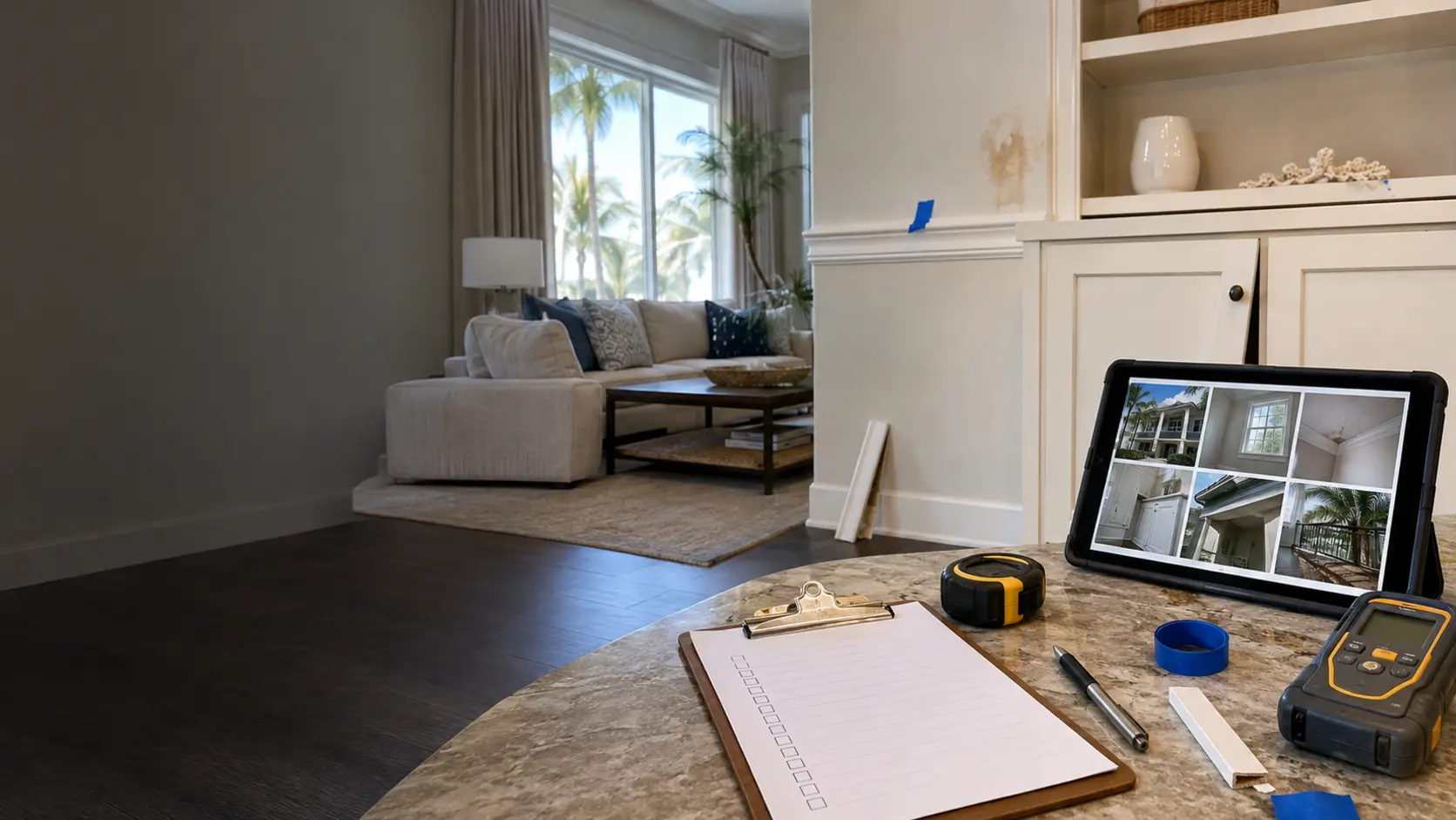 Organized hurricane repair checklist, property photos, and minor finish damage in a coastal home
