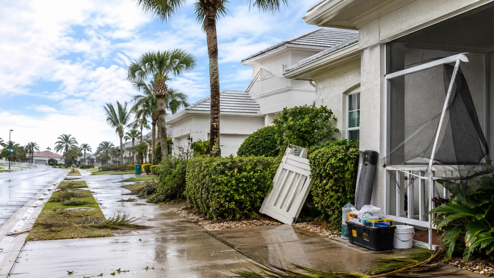 Coastal Space Coast rental properties with minor repairable screen and gate damage after a storm