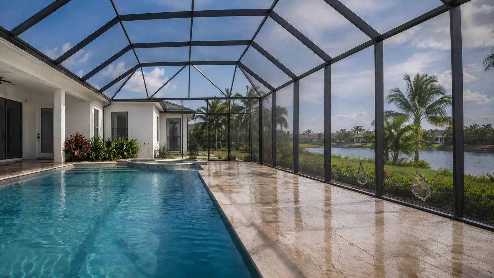 Intact Florida pool enclosure with several screen panels torn by a tropical storm