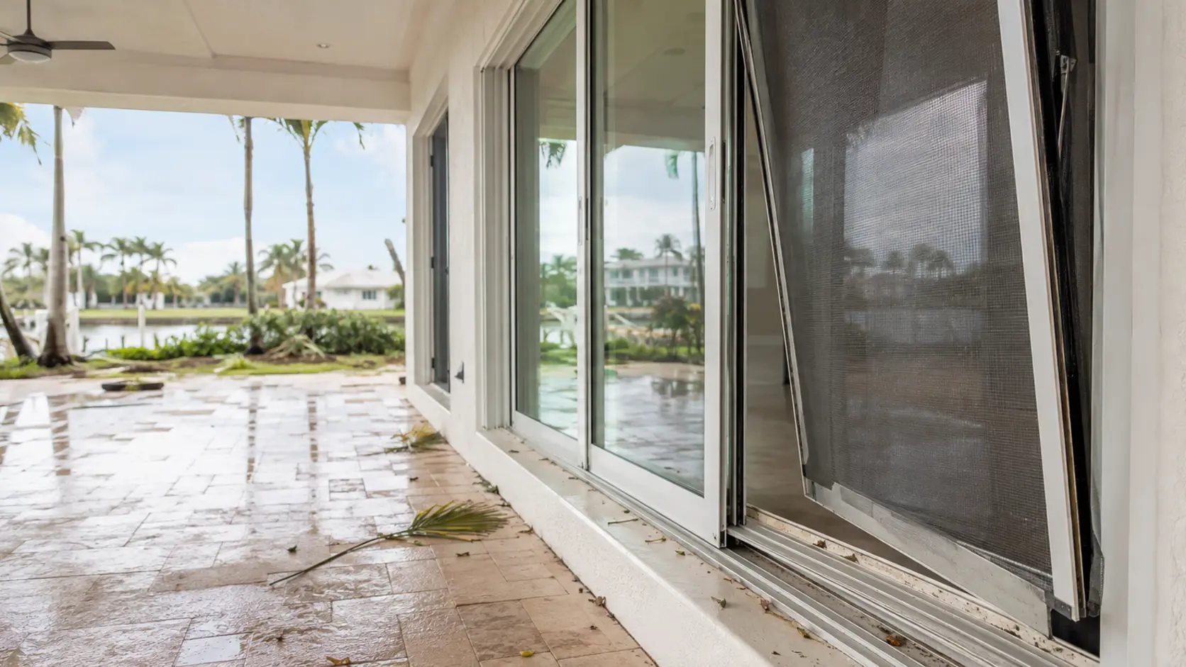 Removable sliding screen door panel staged for new mesh and spline after a coastal storm