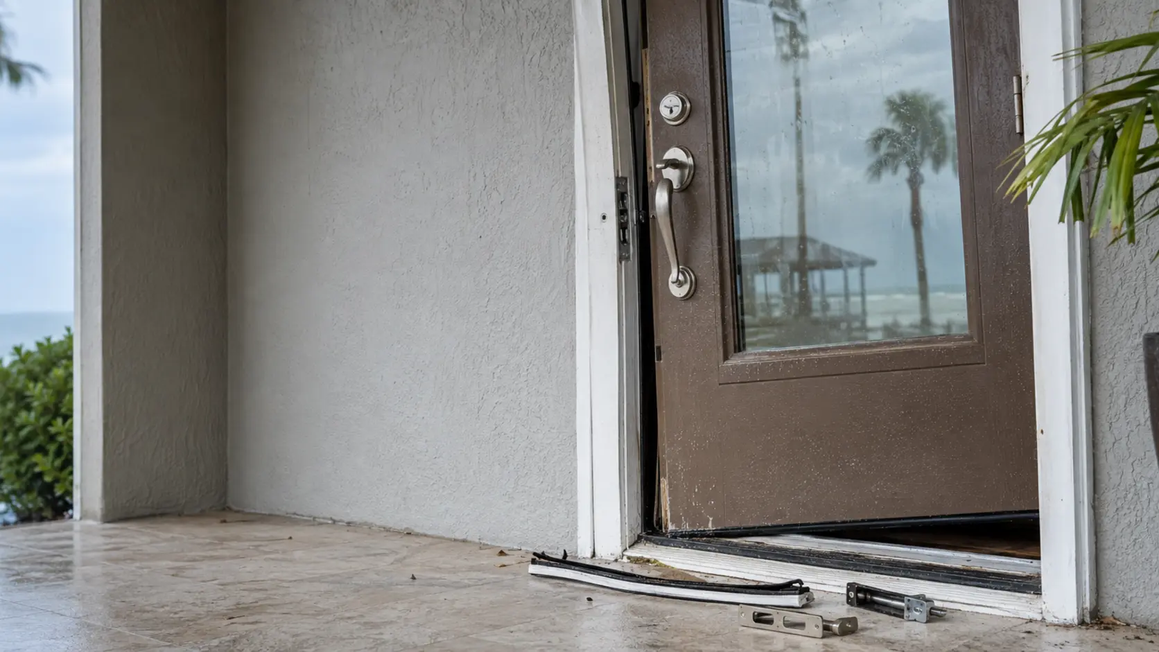 Repairable misaligned interior door and displaced hardware after a Florida storm