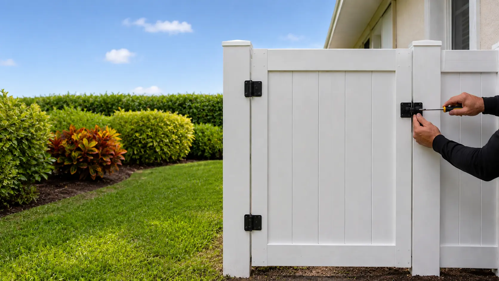 Minor latch alignment on an upright vinyl garden gate after a Florida storm