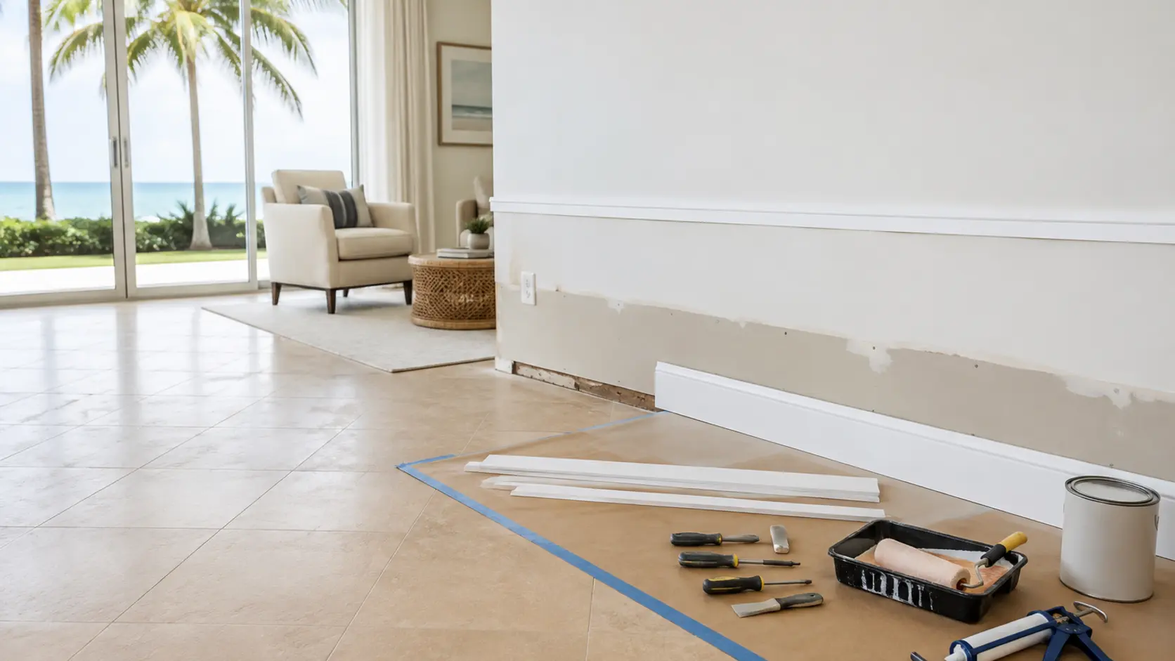 Dry interior wall prepared for localized baseboard and finish repair after clean storm water intrusion
