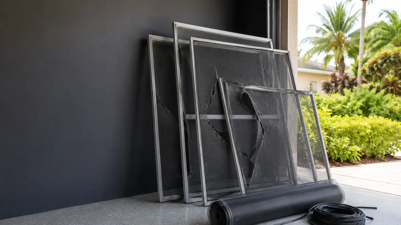 Torn removable window screens staged with new mesh and spline after a Florida storm
