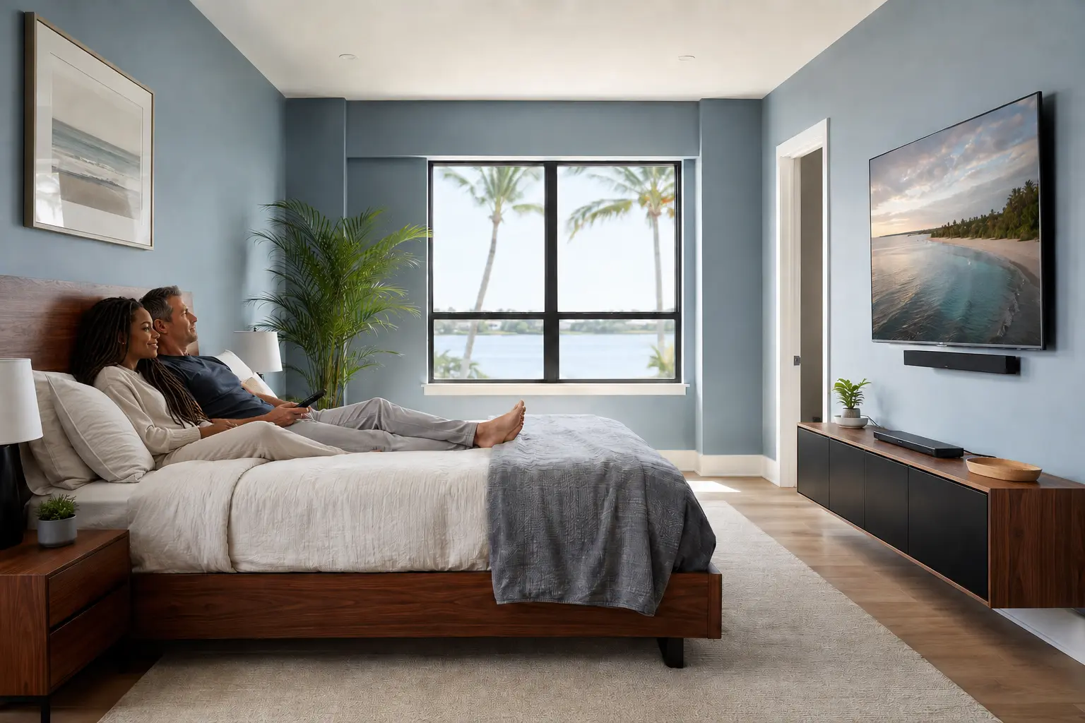Couple evaluating bedroom television height from a reclined viewing position