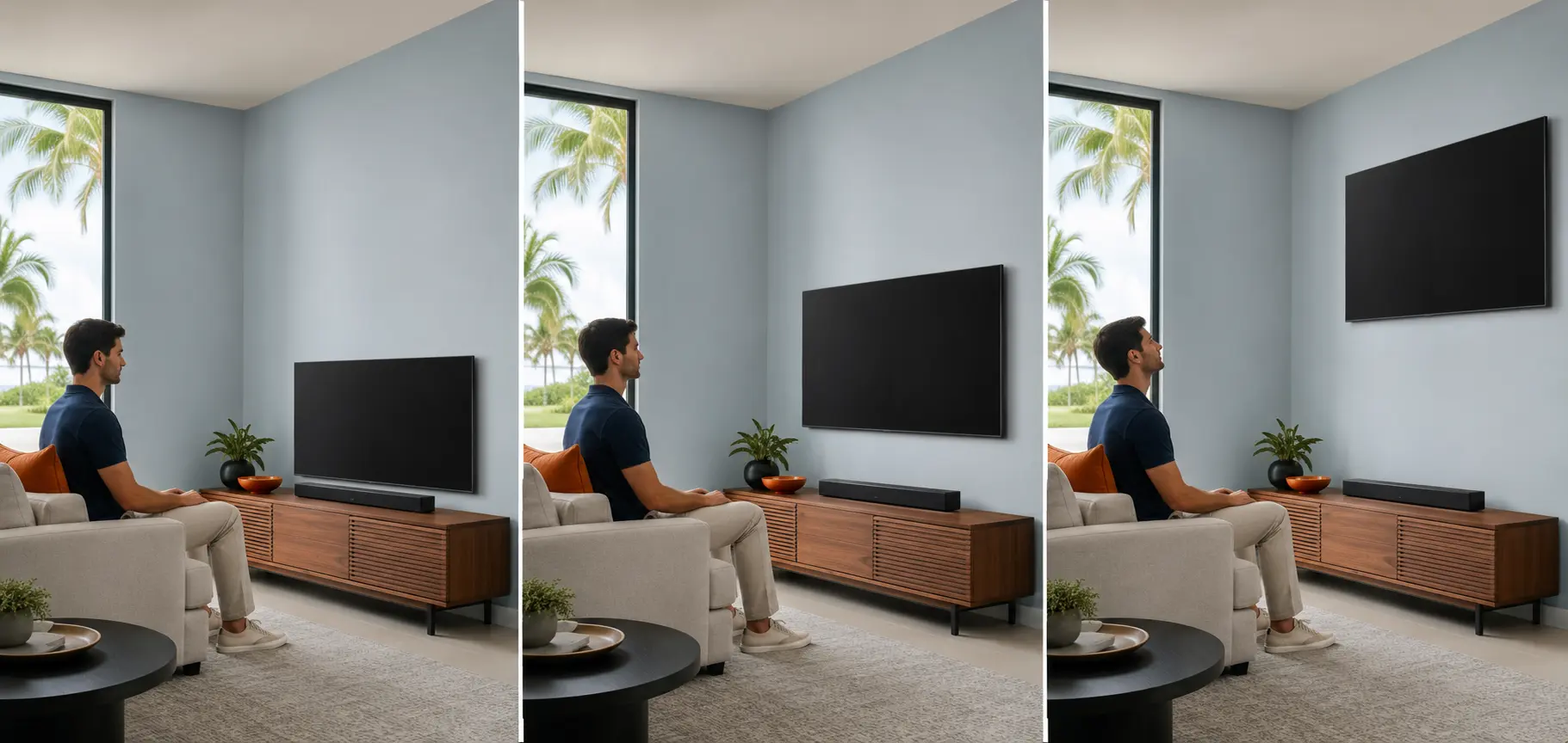 Comparison of television positions that are too low, optimized, and too high