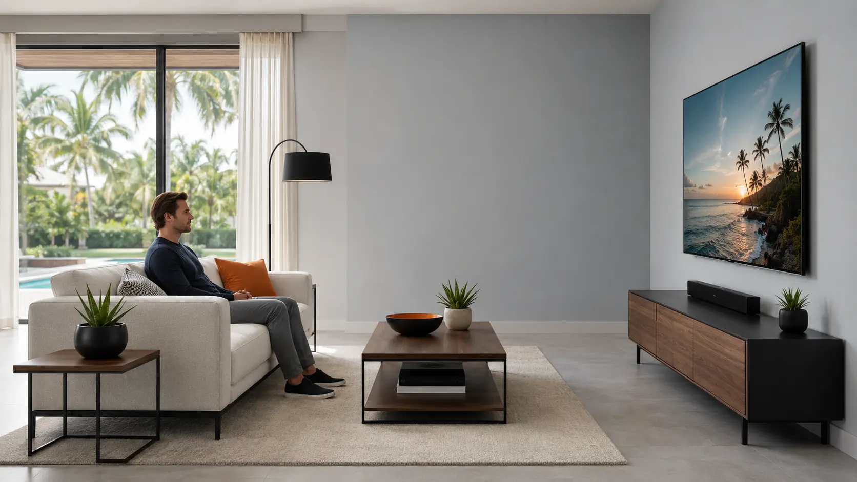 Living room television mounted at a comfortable viewing height