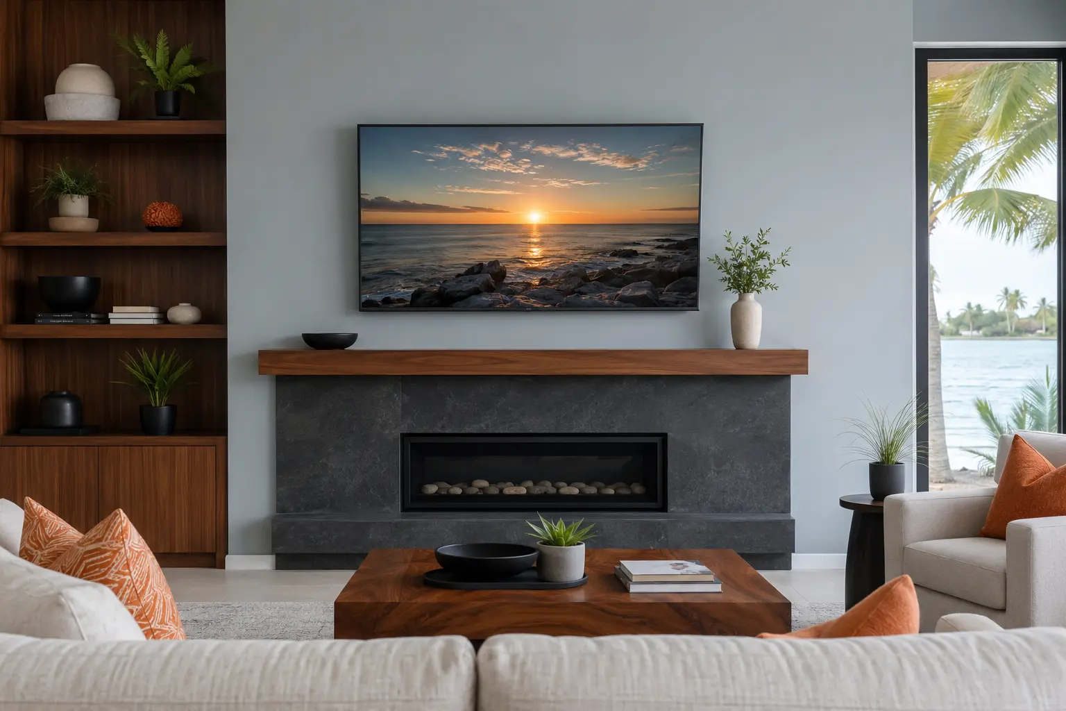 Conventional television mounted above a modern fireplace