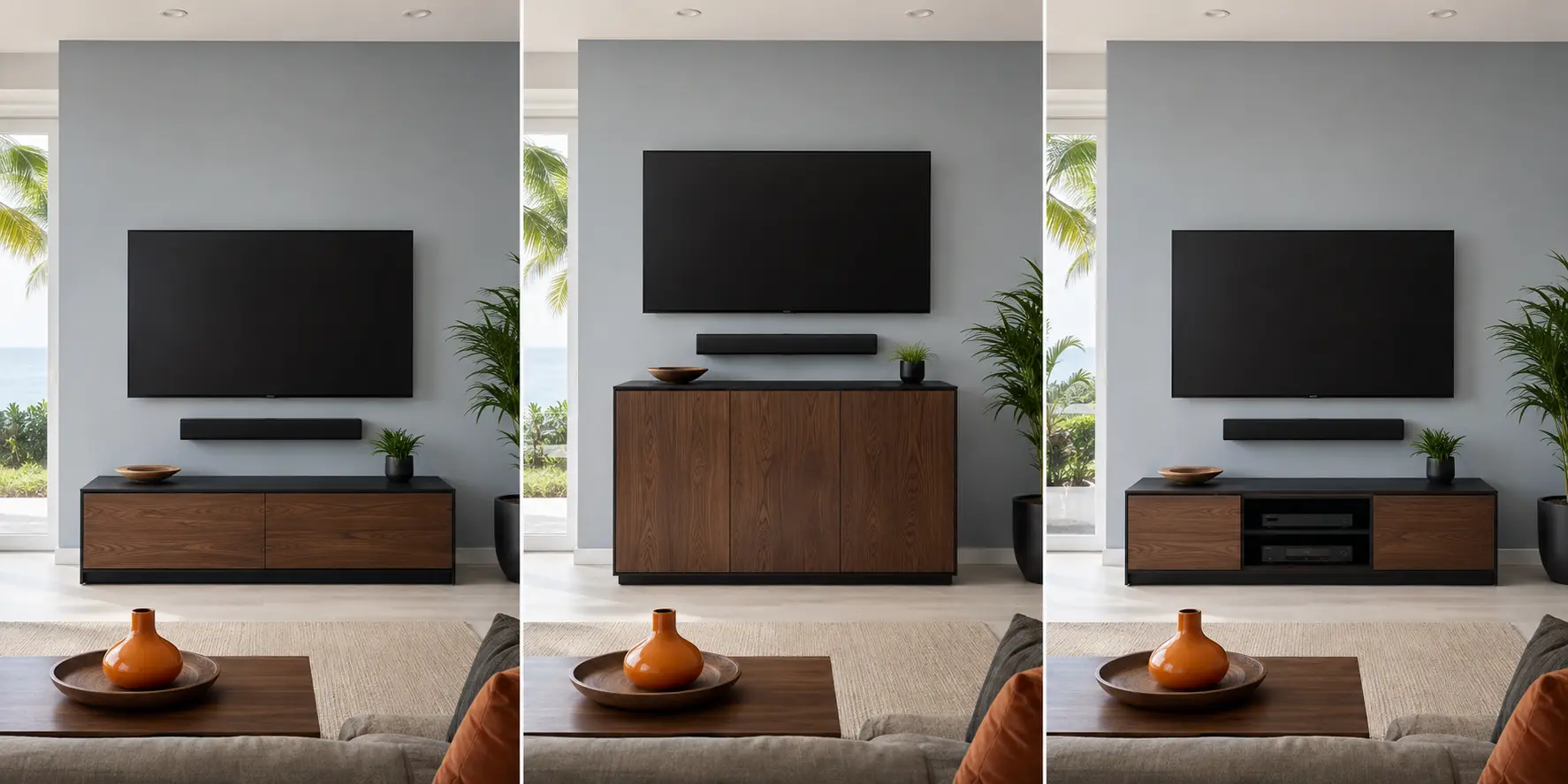 Television placement examples affected by furniture and soundbar clearance