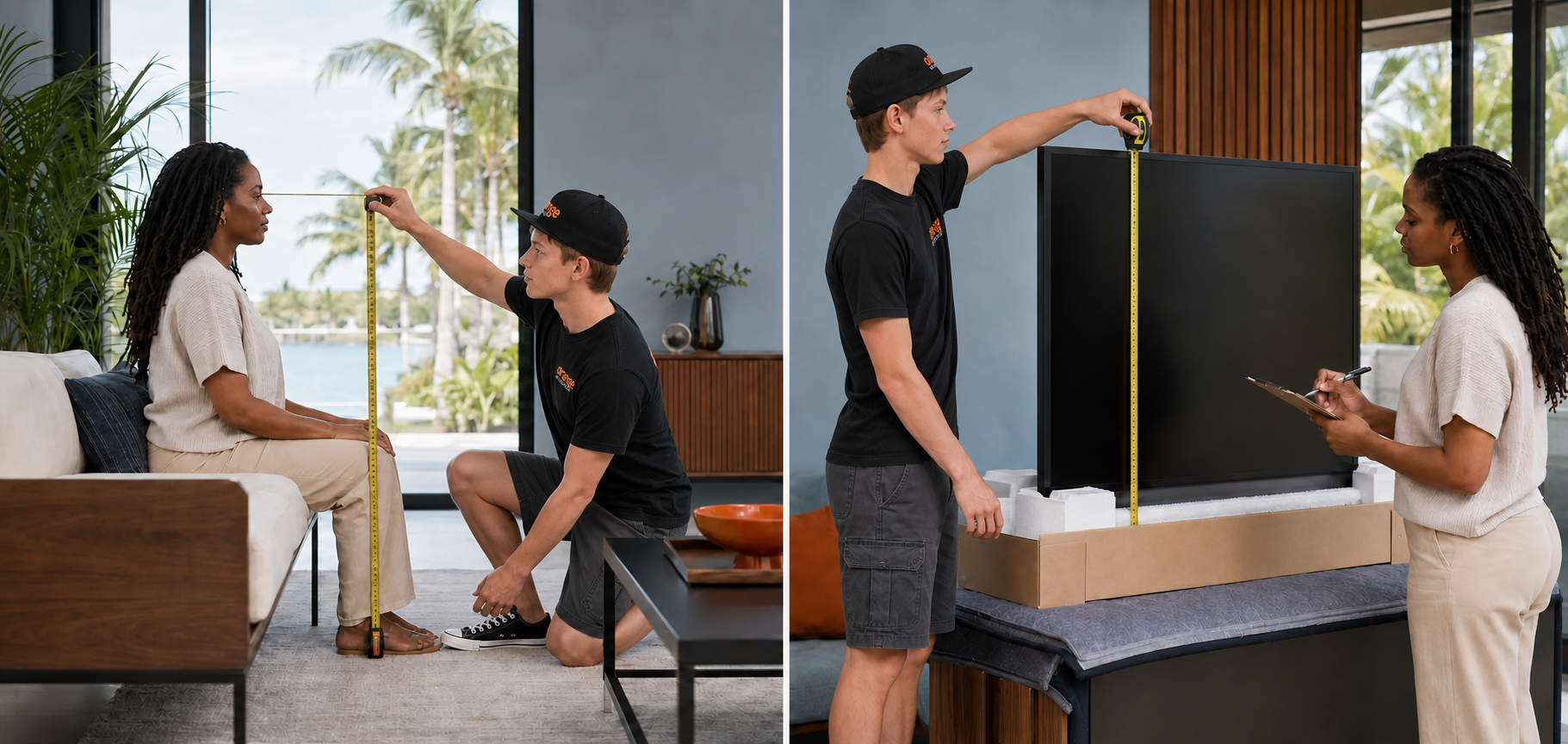 Gavin measuring a seated viewer’s eye height and television height before installation