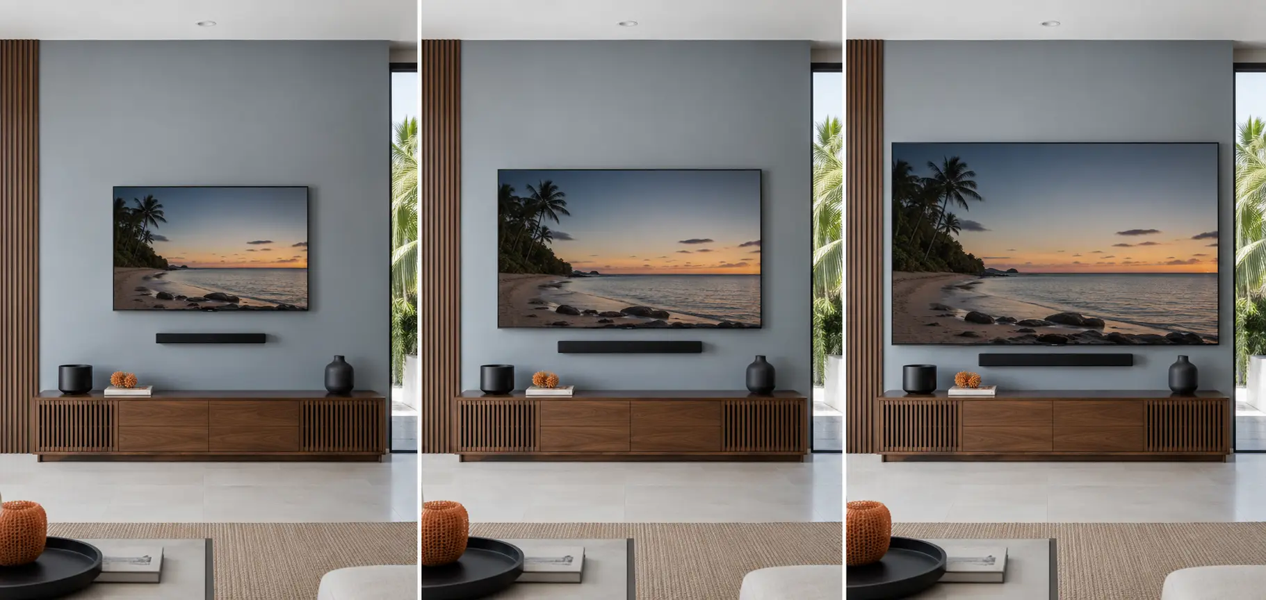 55, 65, and 85 inch televisions aligned to the same centerline