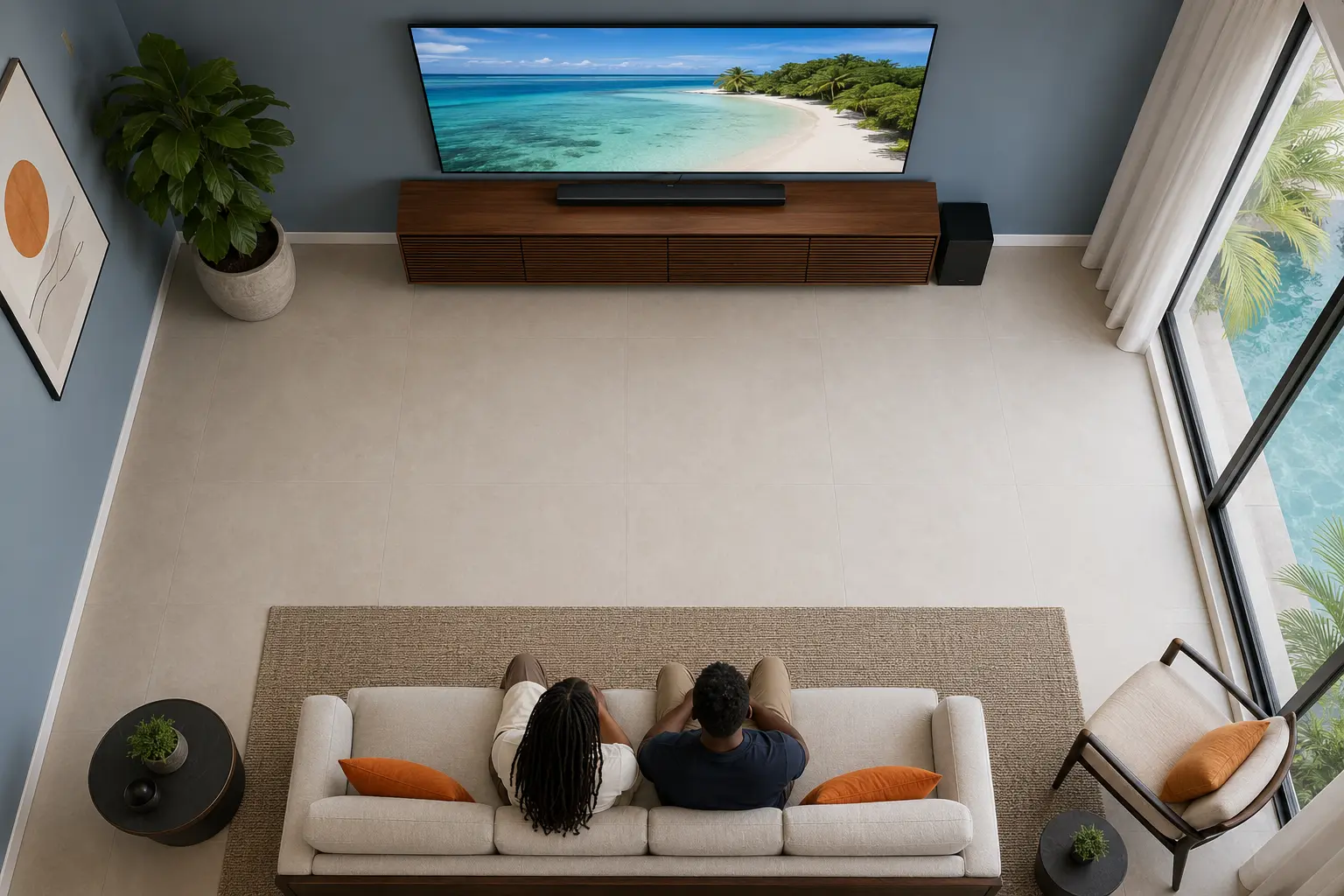 Overhead diagram showing TV viewing distance from a seated couple