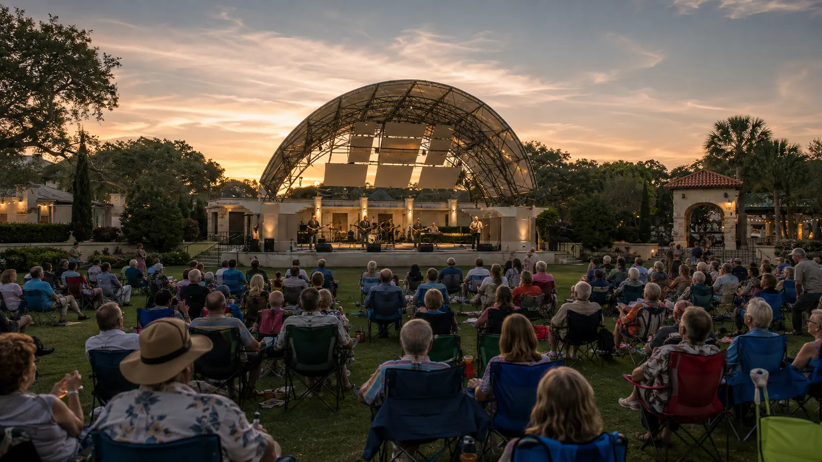 Audience watching a concert beneath the open lattice canopy at the Cocoa Village bandshell