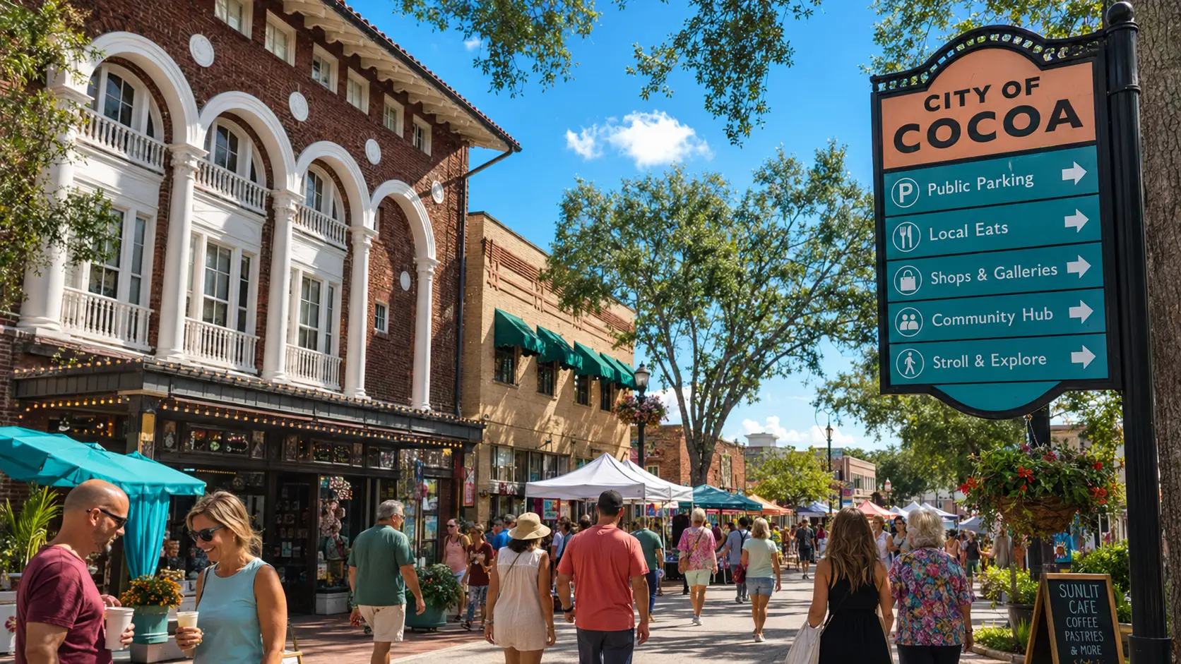 Historic Cocoa Village streets and tropical storefronts