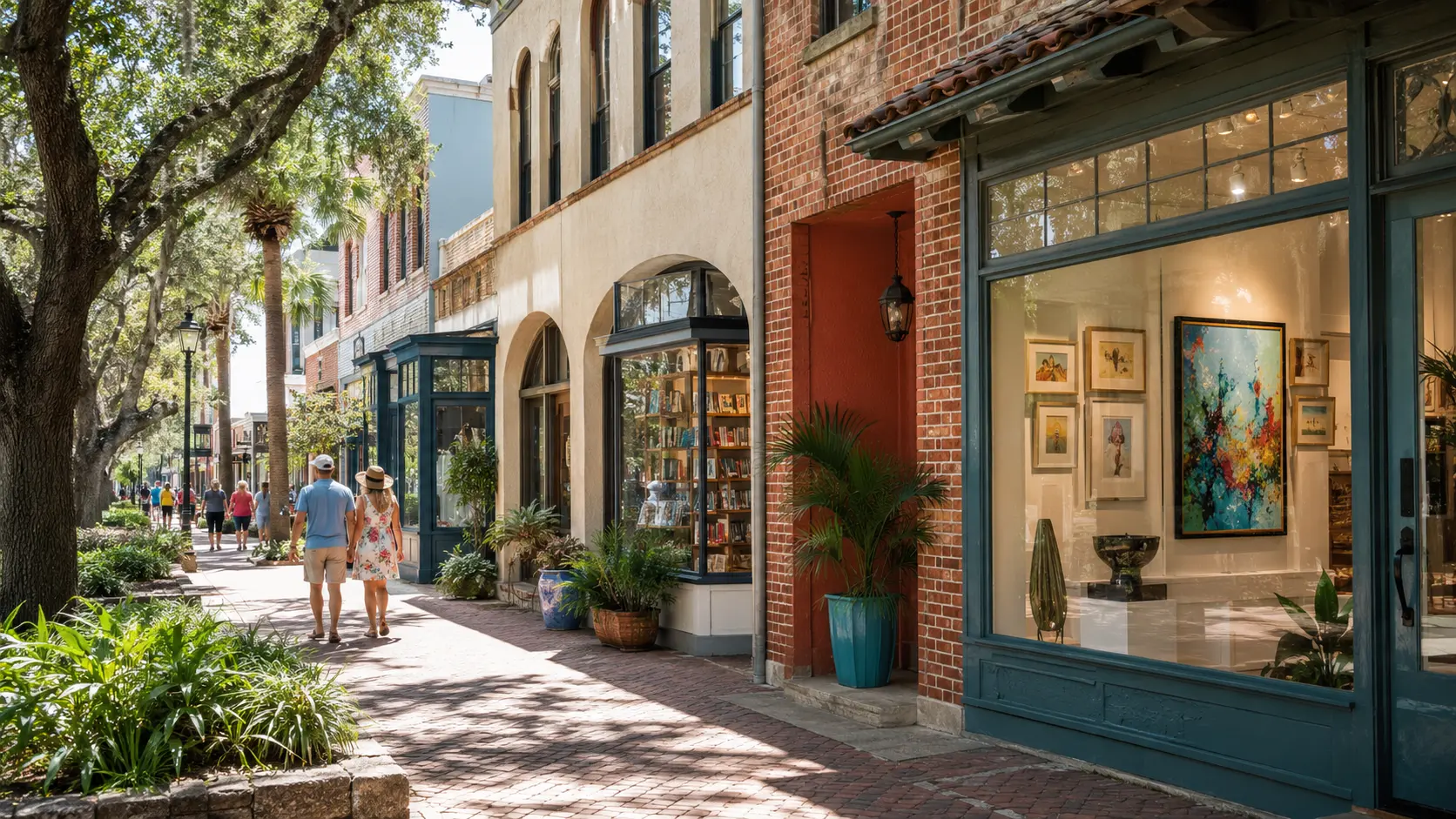 Historic Cocoa Village storefronts, galleries, and brick architectural details