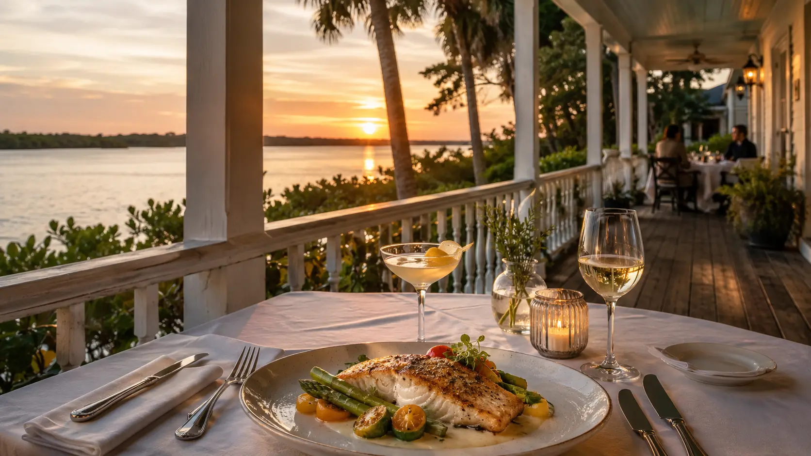 Upscale Old Florida riverfront restaurant dining room at sunset