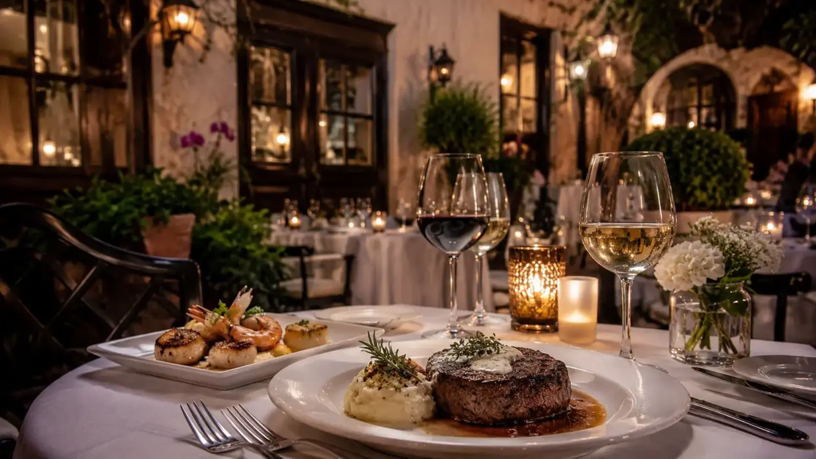 Elegant French-inspired fine dining table in a warm historic interior