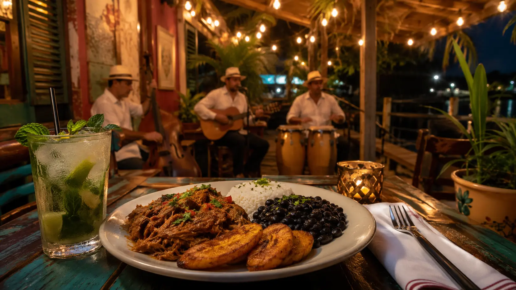 Colorful Cuban dinner with cocktails and warm live-music atmosphere