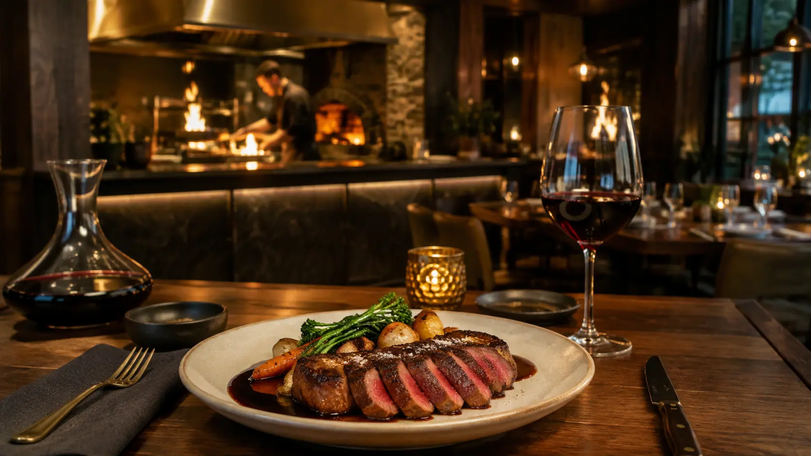 Refined live-fire steakhouse table with warm ember light