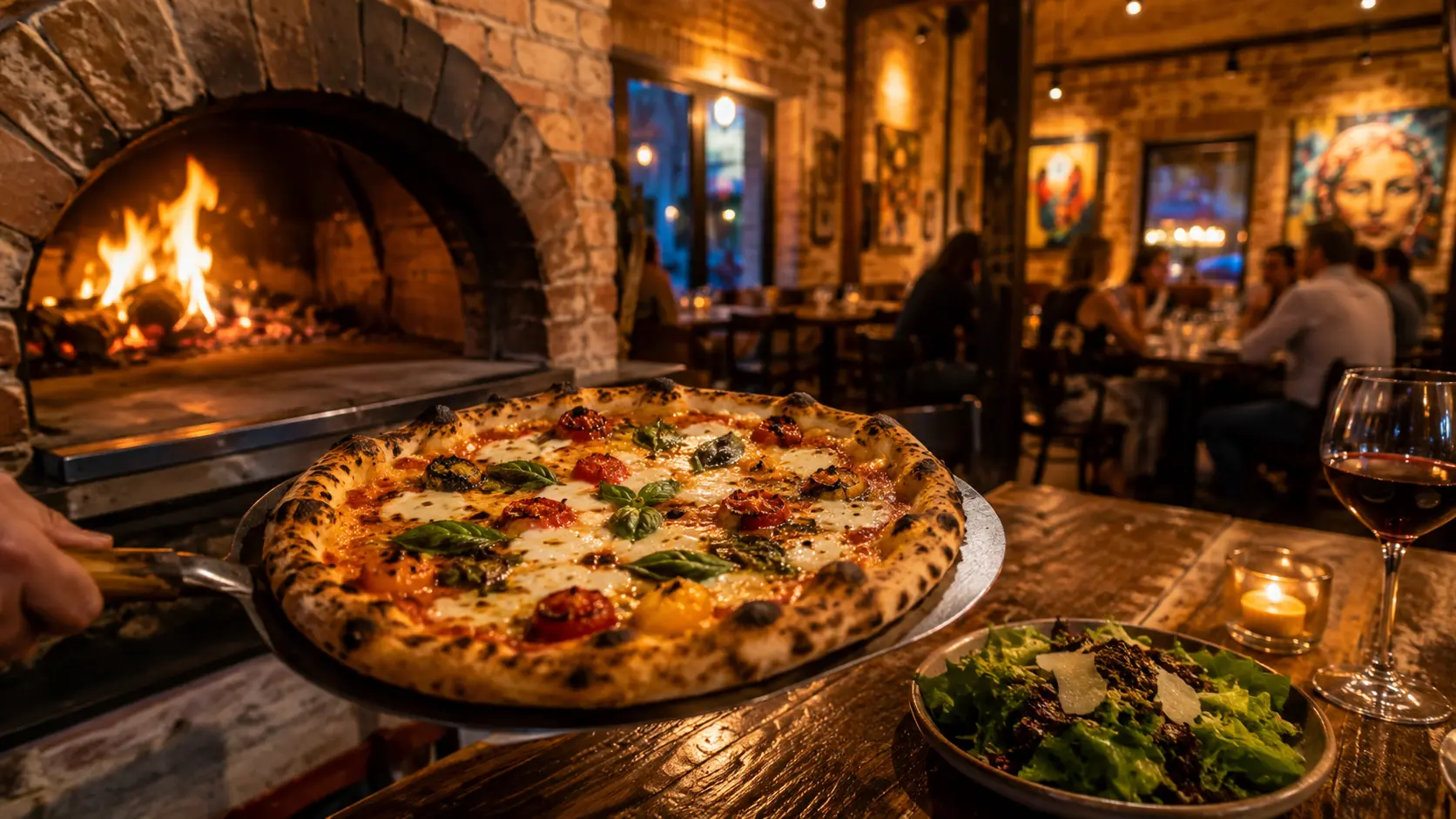 Wood-fired artisan pizza and wine in a polished independent restaurant