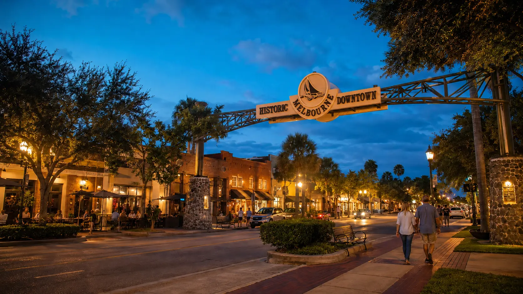 Historic Melbourne Downtown gateway and brick storefronts at blue hour