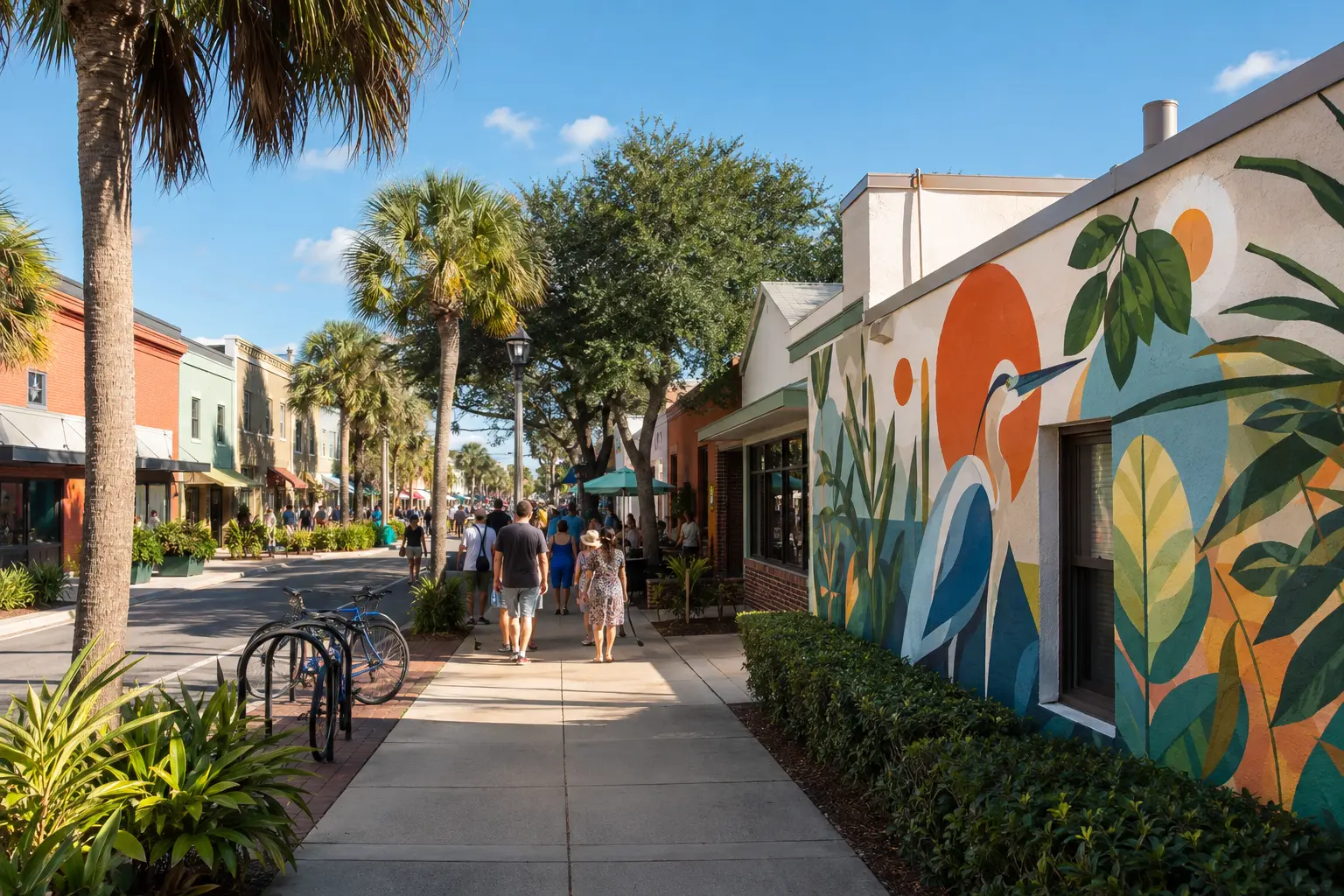 Colorful mural and walkable streetscape in the Eau Gallie Arts District