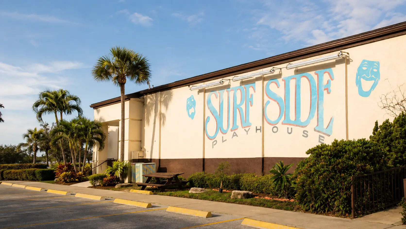 Surfside Playhouse in Cocoa Beach with its distinctive aqua and coral wall lettering