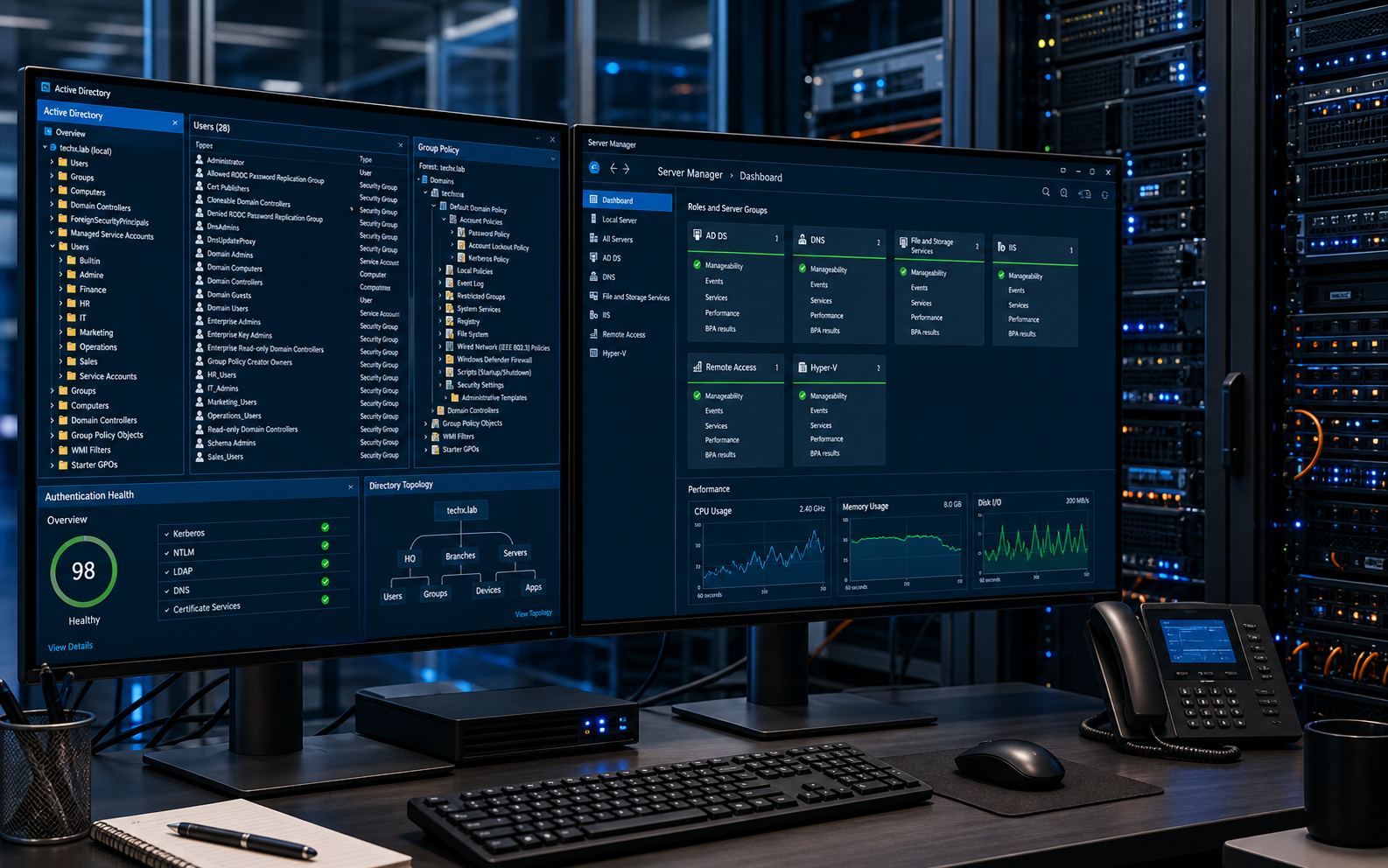 Enterprise systems console with directory administration and server monitoring