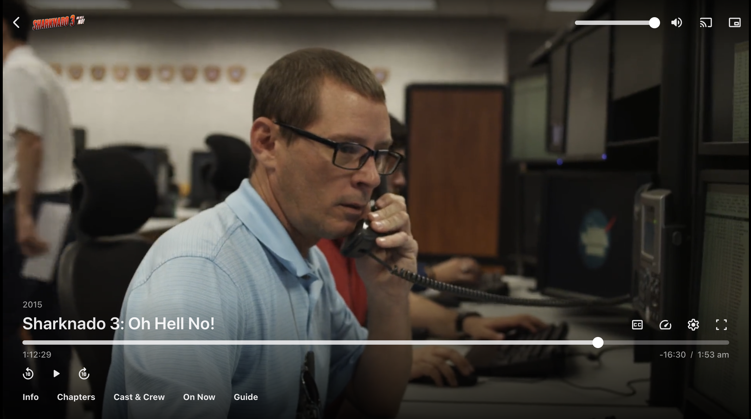 Sharknado 3 player frame identifying the film and showing the Tech X lead technician inside the Launch Control Center