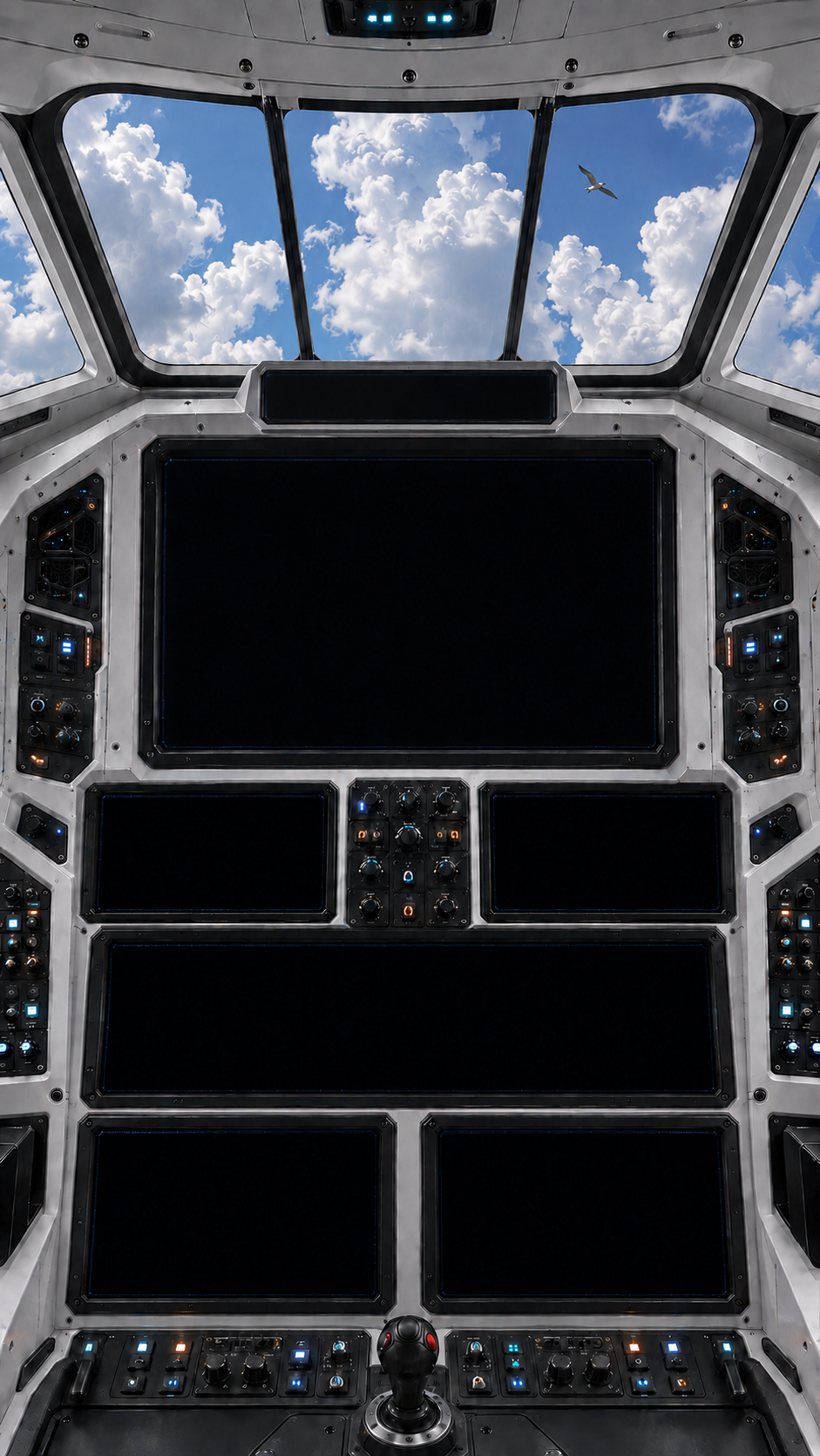Astronaut-eye view through a capsule window into a Florida sky, above seven black mission-control displays and a centered joystick