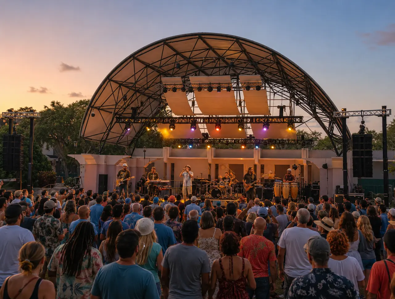 A concert at the Cocoa Village bandshell at sunset