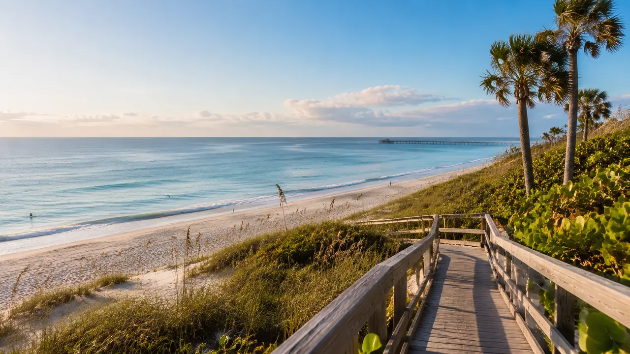 Atlantic shoreline, beach boardwalk and palms on Florida's Space Coast