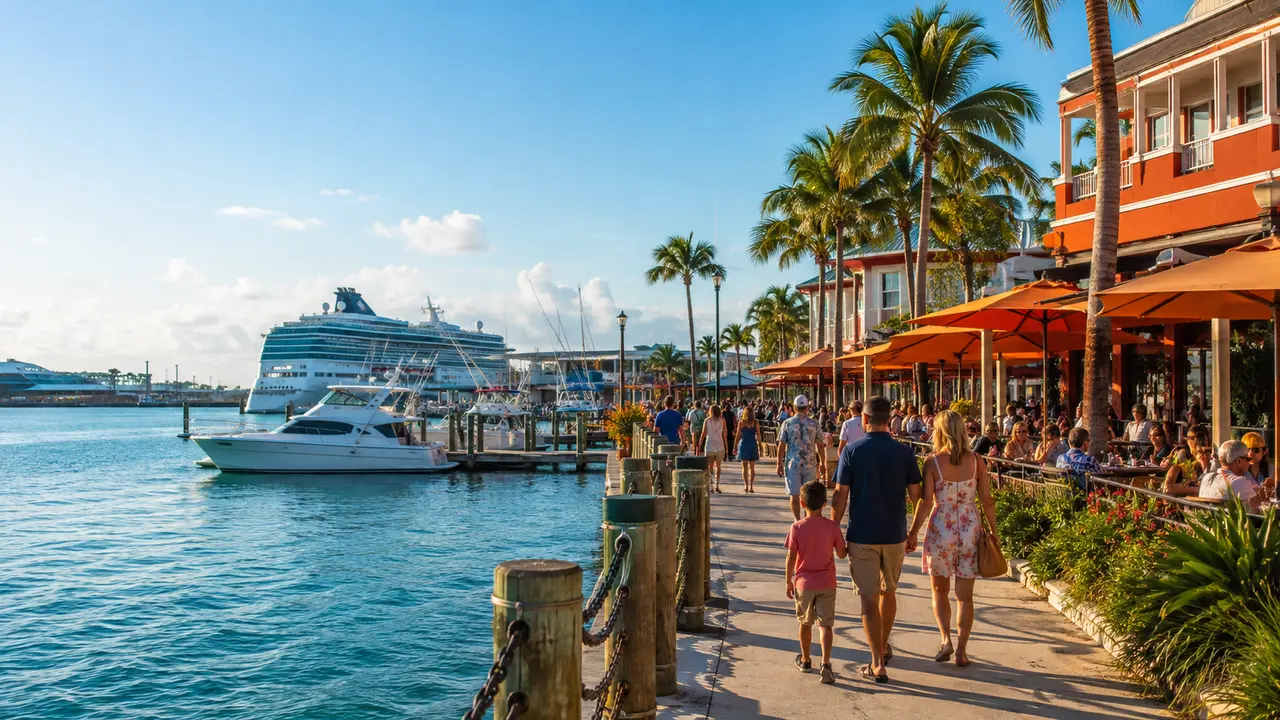 Visitors enjoying the Port Canaveral waterfront with boats and a distant cruise ship