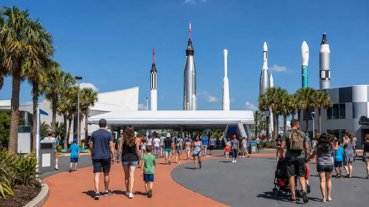 Families visiting a Space Coast rocket garden in warm Florida light